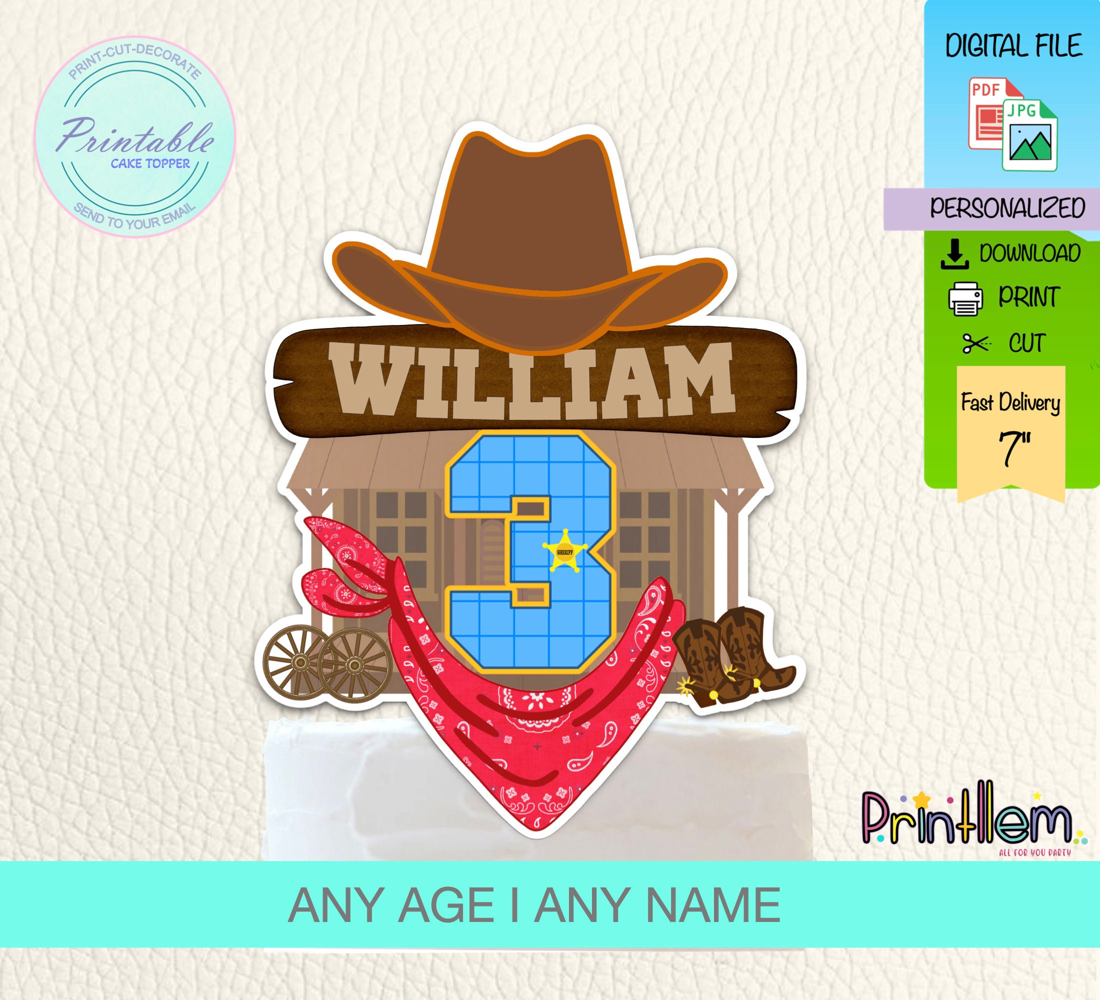 Cowboy Cake Topper Cowboy Theme Personalized Printable Cowboy regarding Cowboy Cake Topper Printable