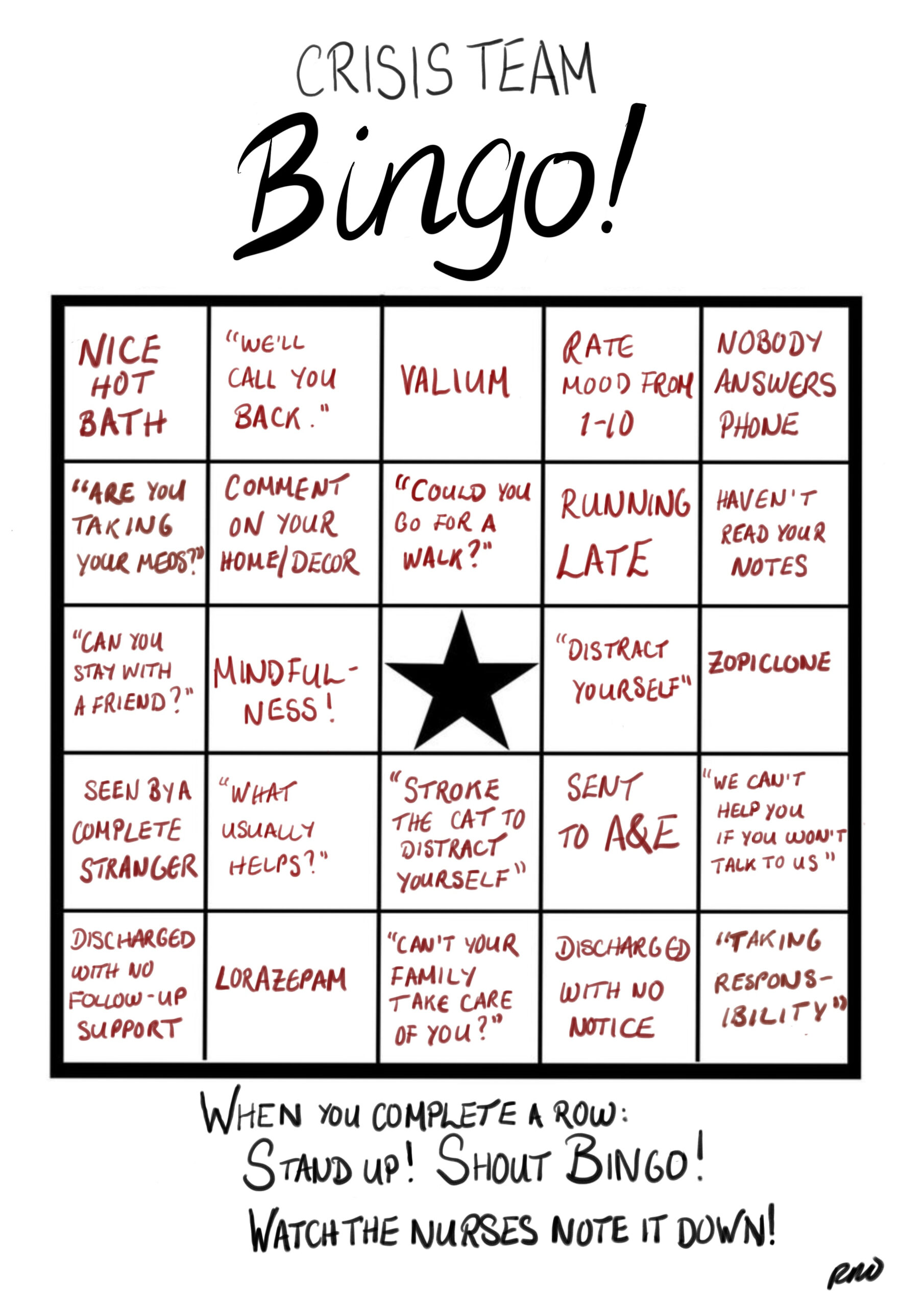 Crisis Team Bingo Card - National Elf Service with Mental Illness Bingo Card