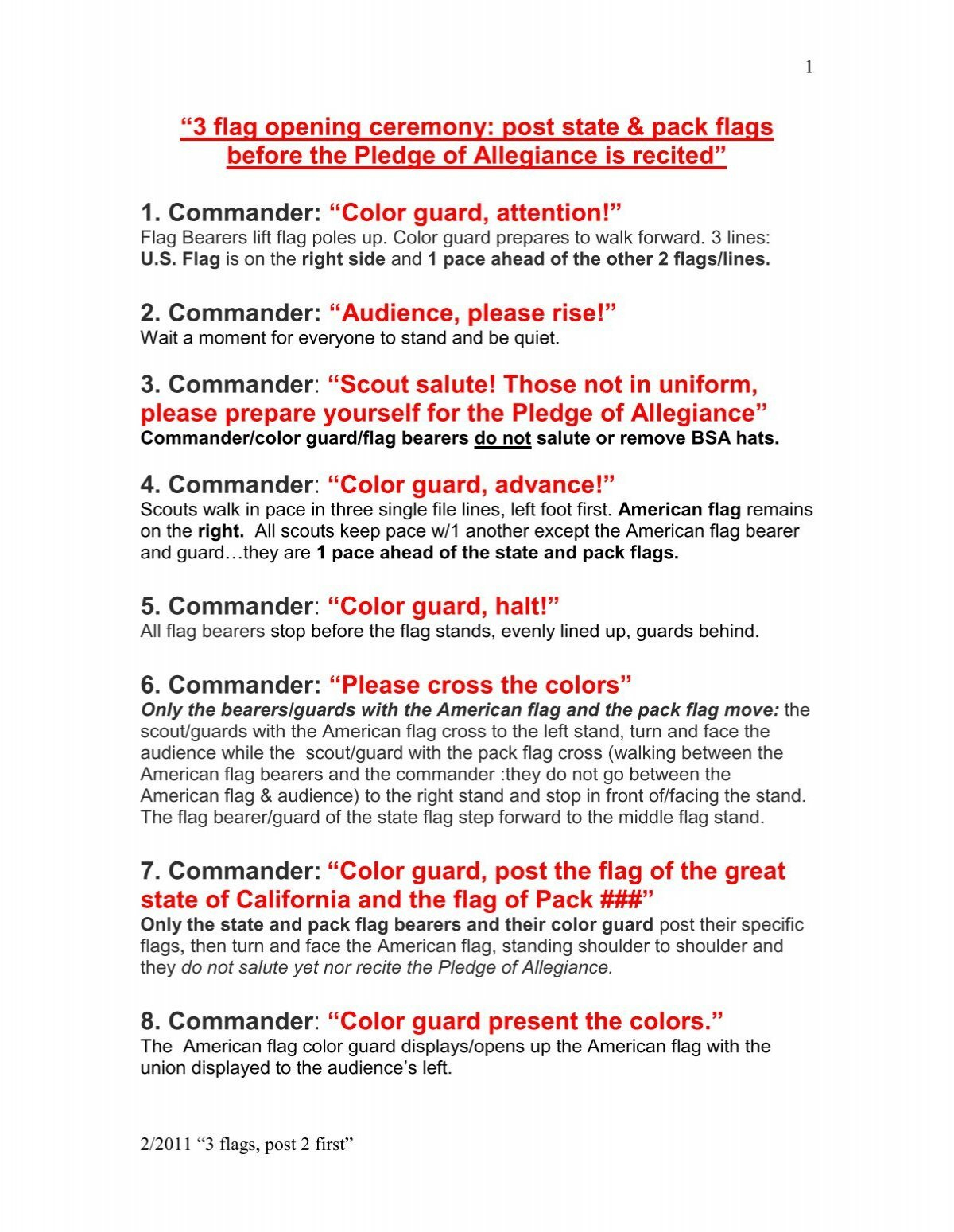 Cub Scout Basic Flag Opening Ceremony pertaining to Cub Scout Flag Ceremony Printable
