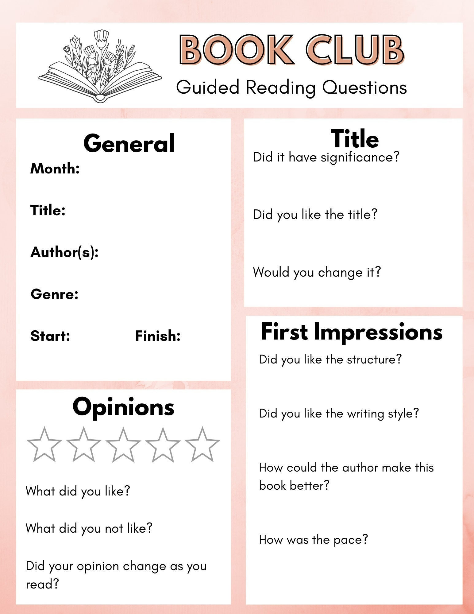 Customizable Book Club Questions - Etsy for Free Printable Book Club Questions