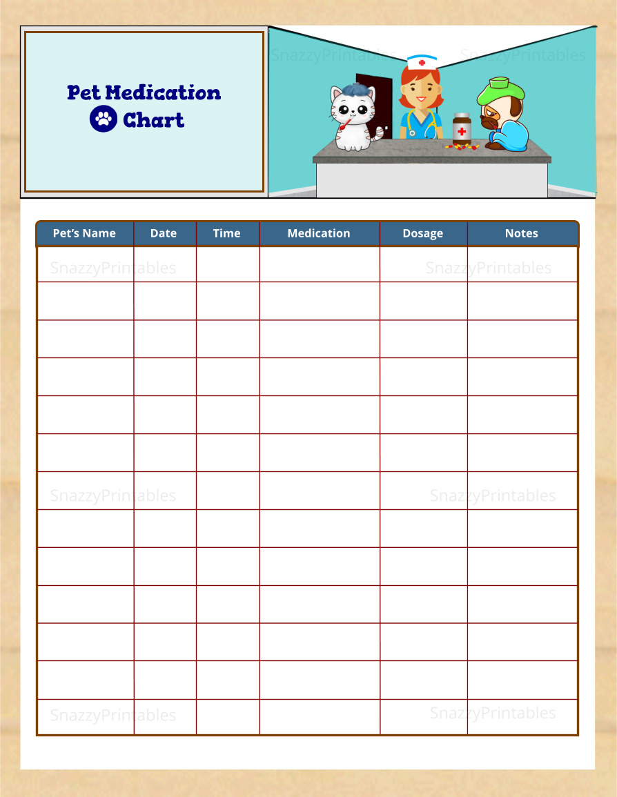 Cute Pet Medication Chart Printable - Instant Download intended for Free Printable Pet Medication Chart