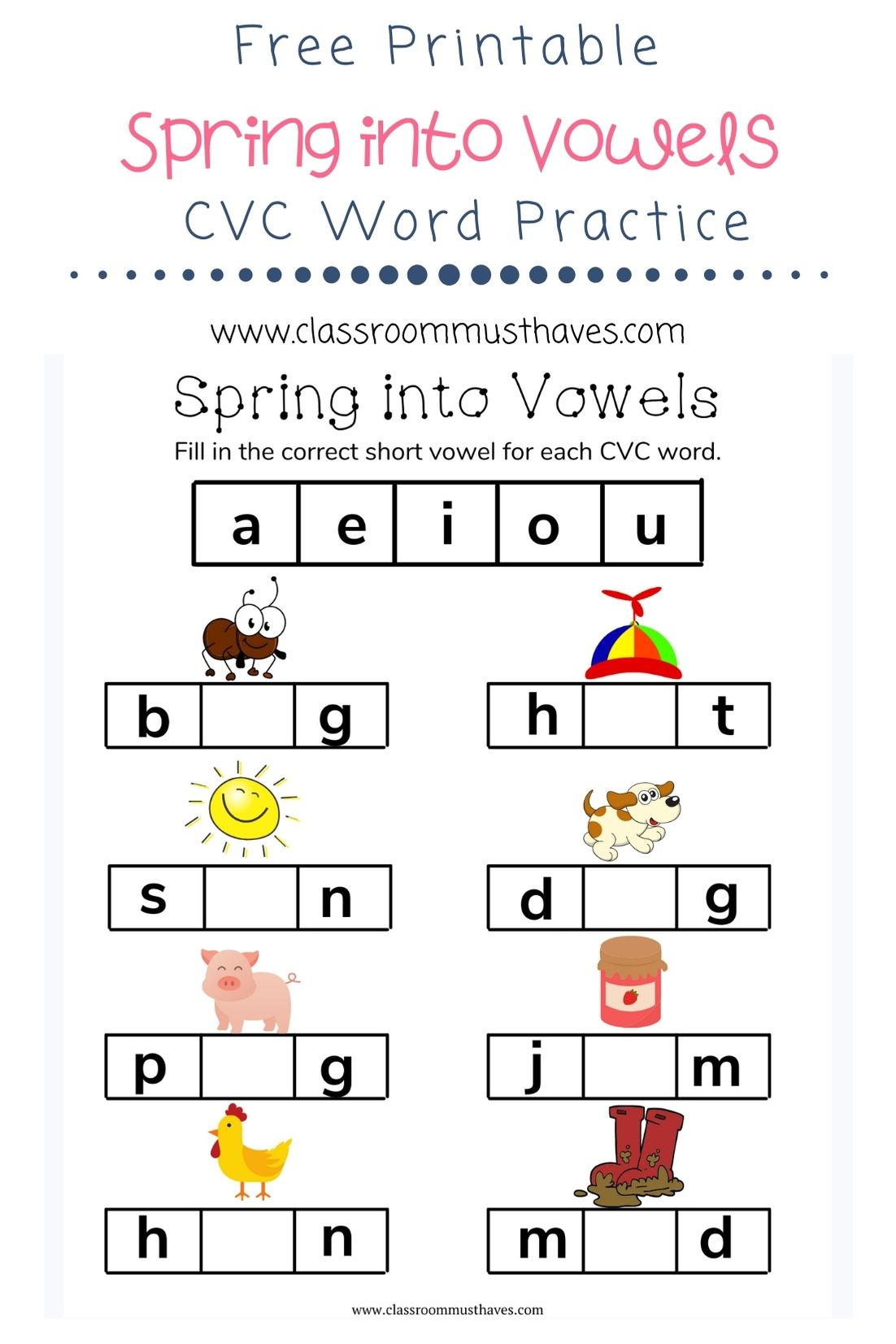 Cvc Spring Vowel Worksheet - Classroom Must Haves inside Free Printable Decoding Worksheets