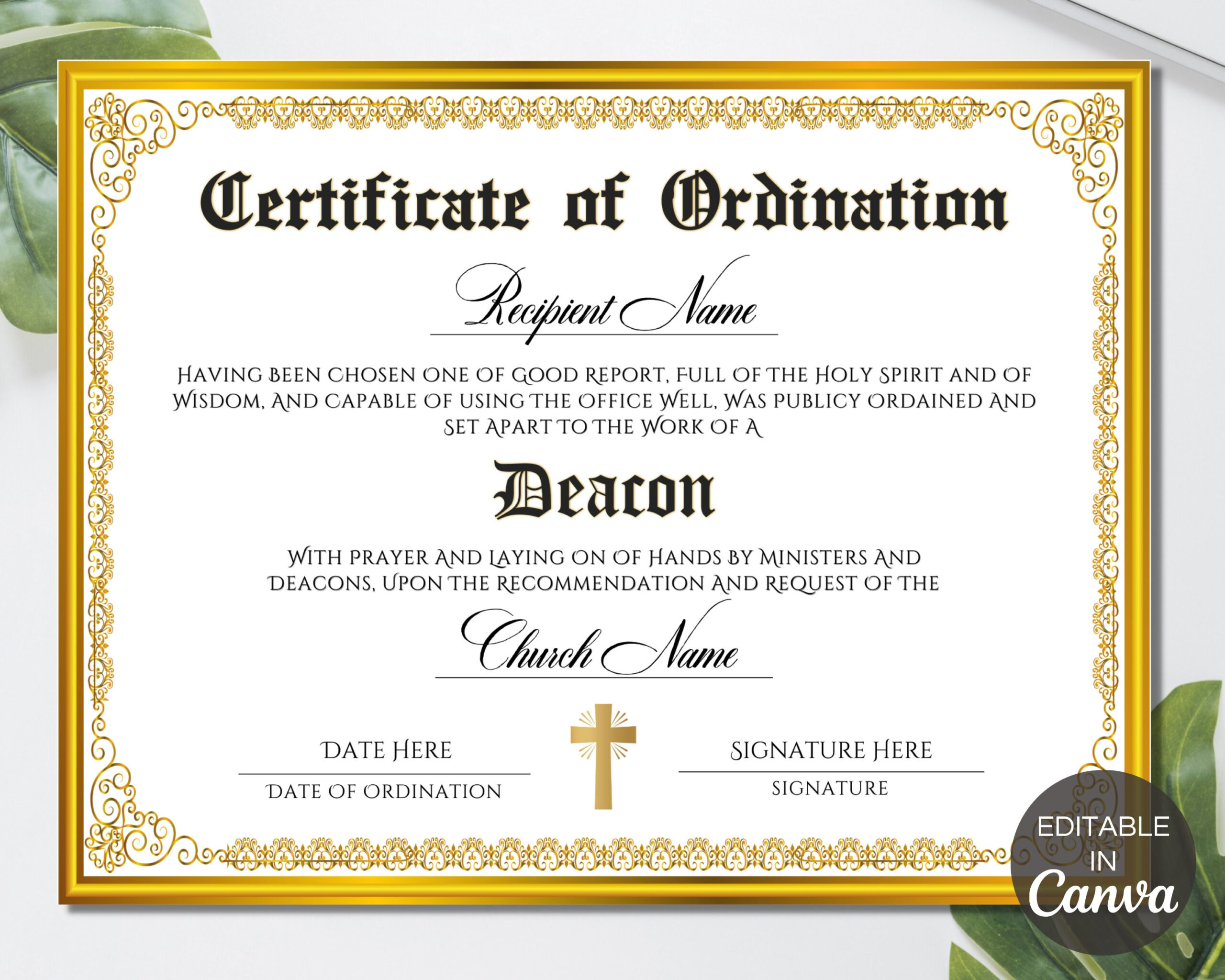 Deacon Ordination Certificate Template, Printable Certificate Of Ordination, Editable Ministry Certificate, Ordained Minister. Tds-10 with Free Printable Deacon Ordination Certificate