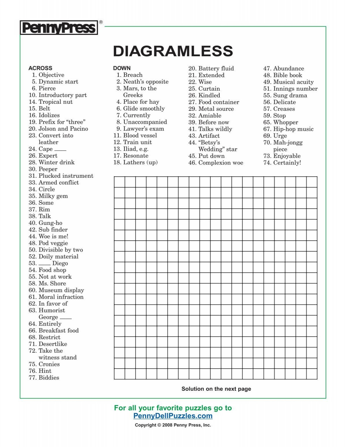 Diagramless - Pennydellpuzzles for Diagramless Crosswords Printable