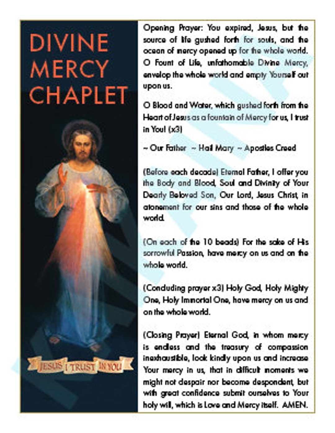Divine Mercy Chaplet Prayer Card 4 On A Page - Downloadable And Printable Catholic Saint Prayer Card. - Etsy intended for Printable Divine Mercy Prayer Card