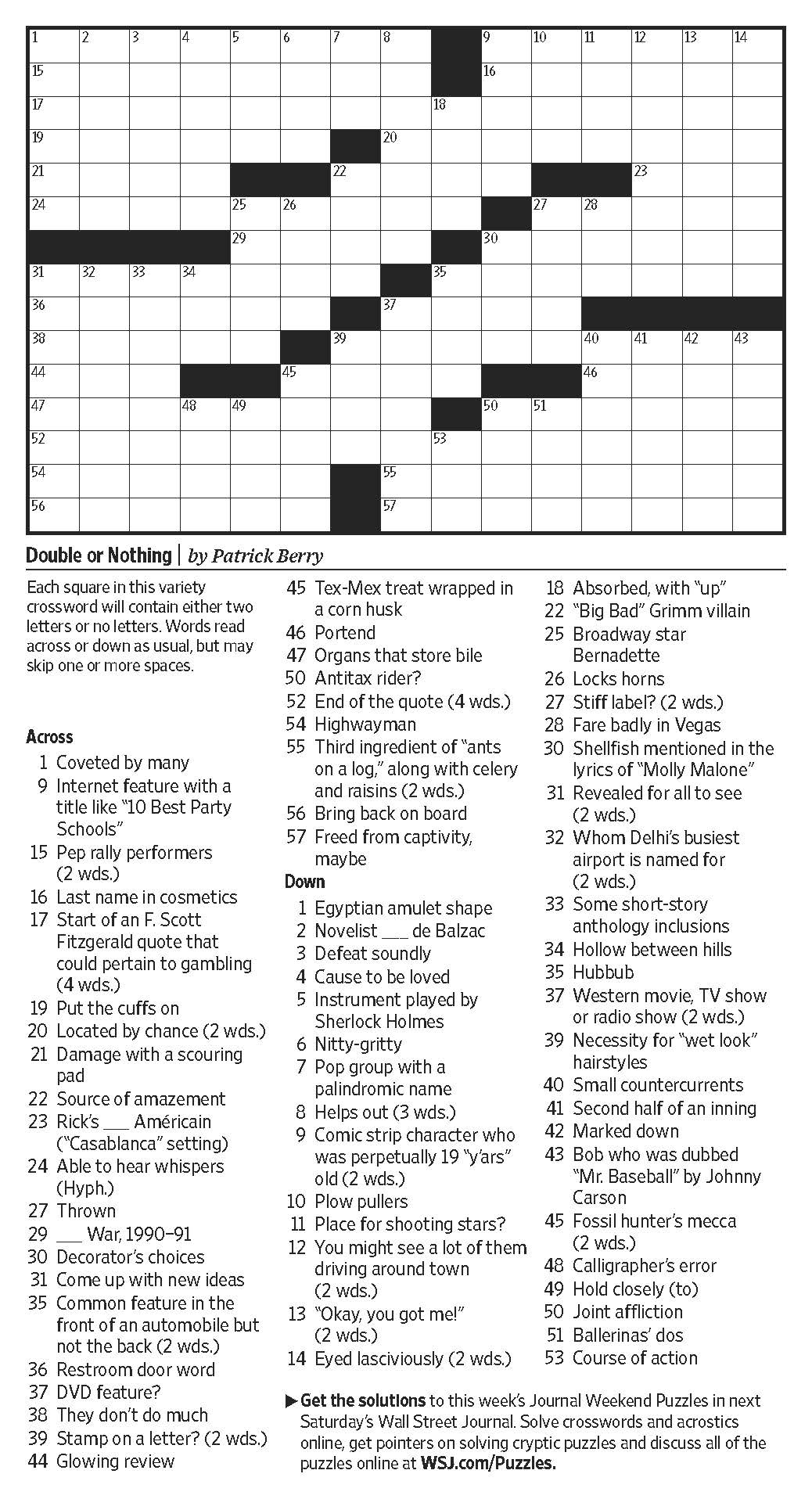 Double Or Nothing (Saturday Puzzle) - Wsj for Wall Street Journal Crossword Printable