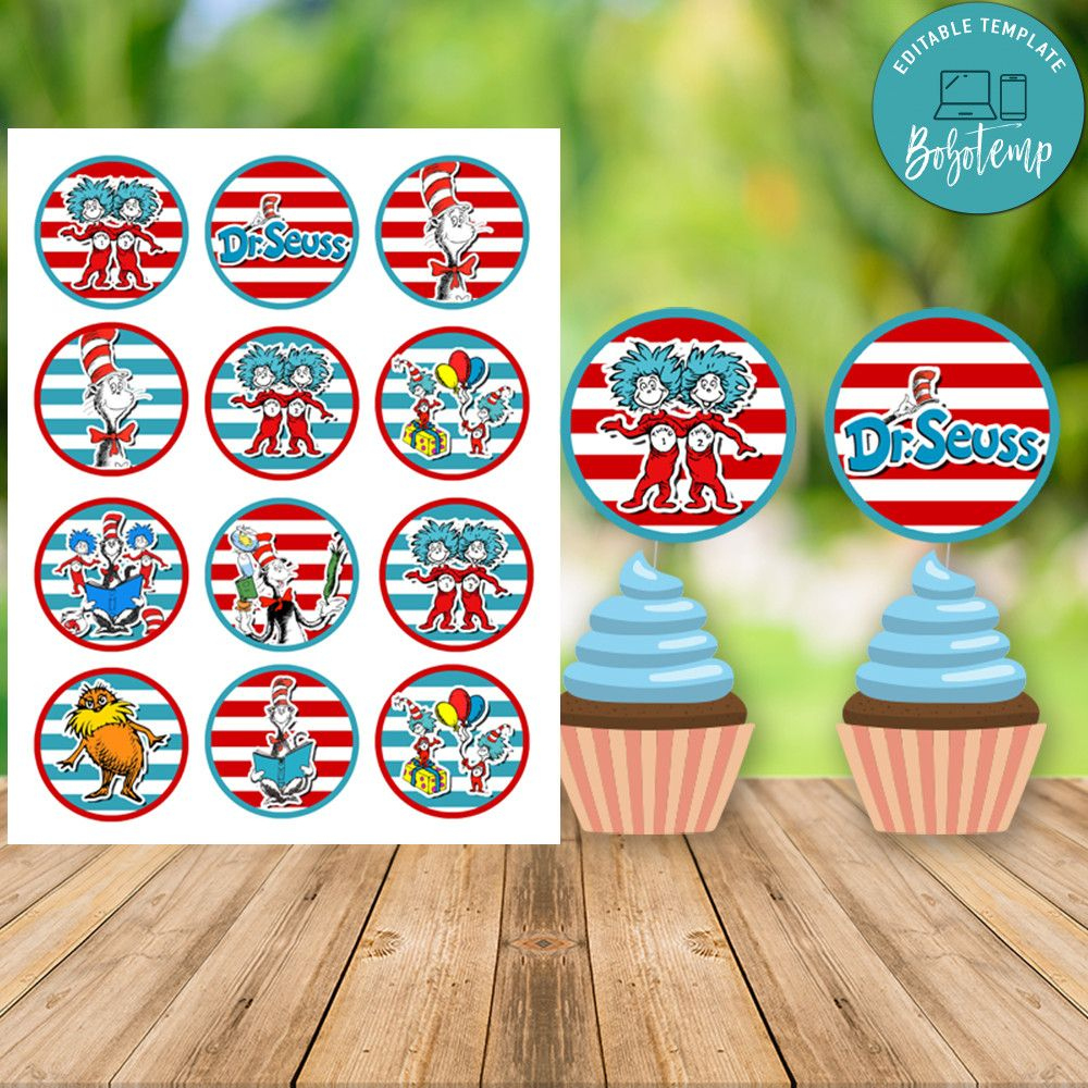 Dr. Seuss Birthday Cupcake Topper Digital File Printable | Bobotemp inside Dr Seuss Cupcake Toppers Printable