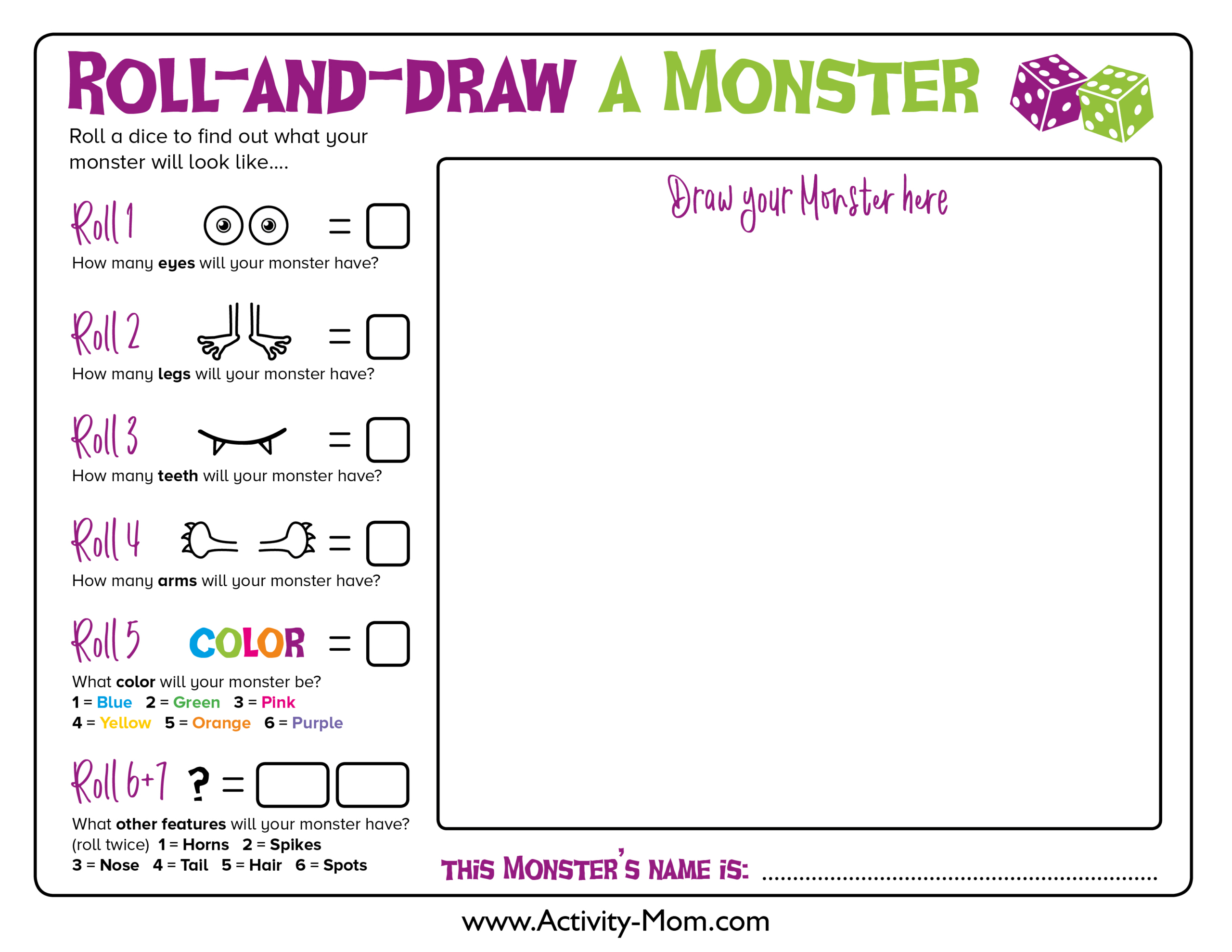 Draw A Monster Dice Game - The Activity Mom in Roll A Monster Free Printable