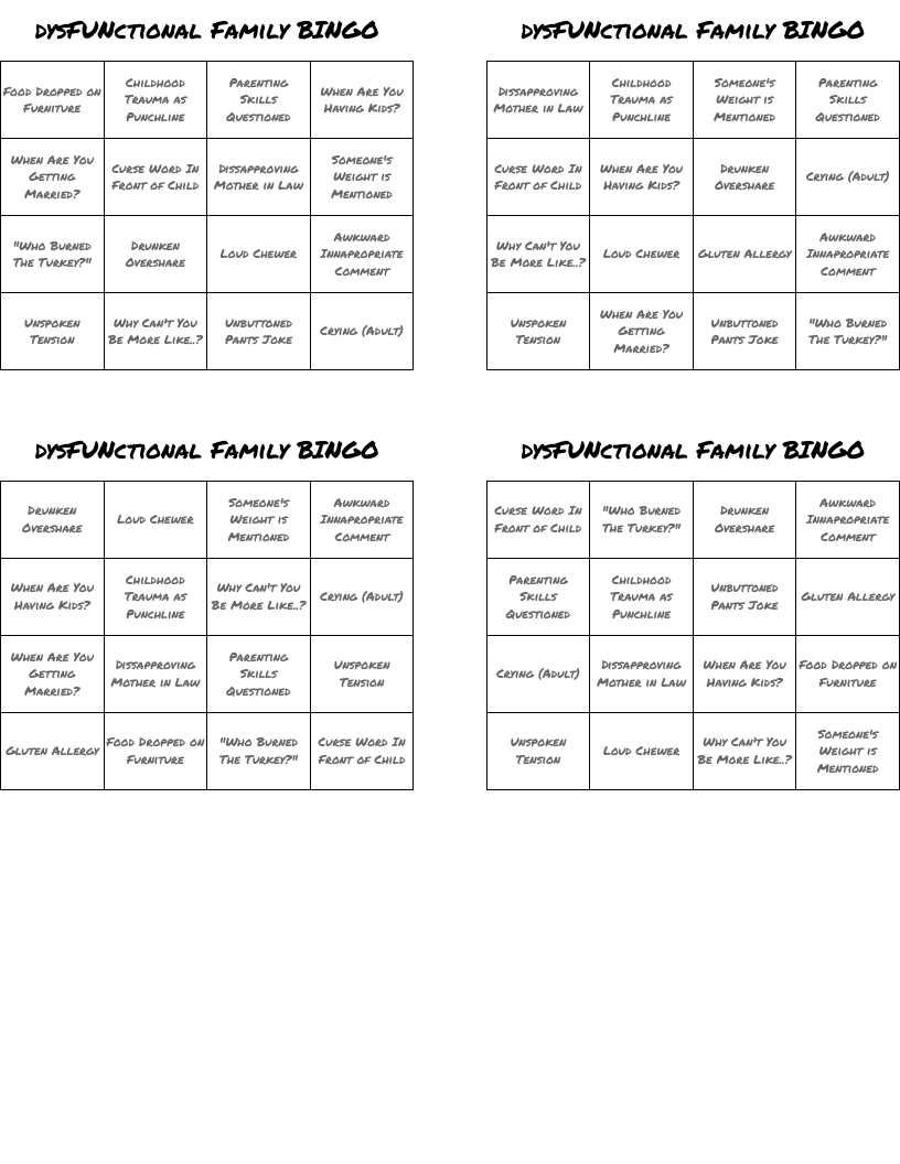 Dysfunctional Family Bingo - Wordmint pertaining to Dysfunctional Family Bingo Card