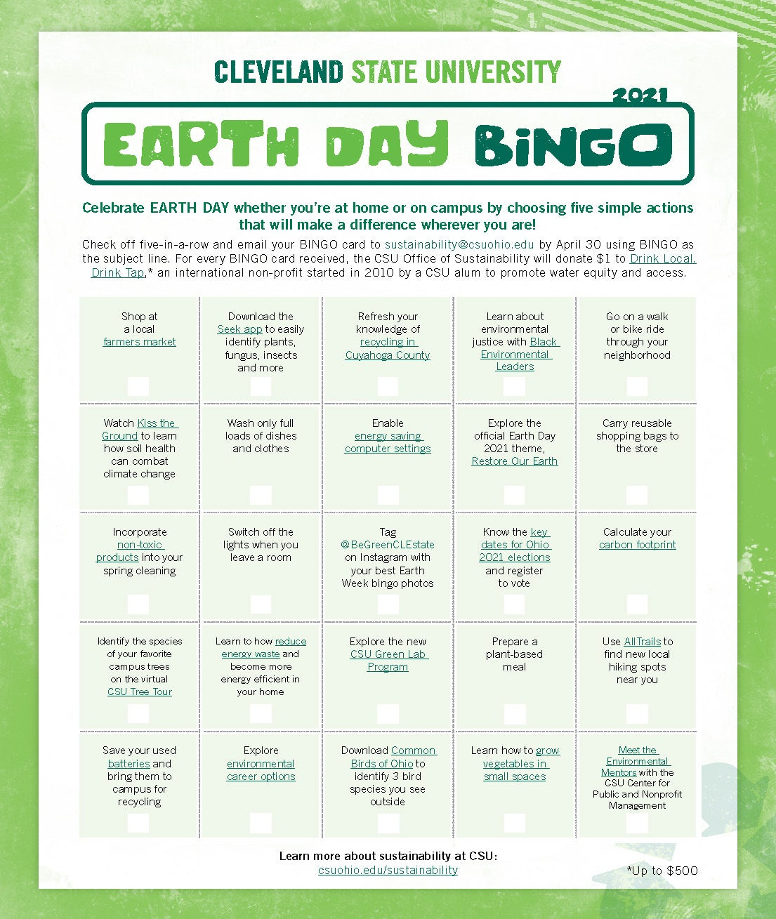 Earth Day Bingo | Cleveland State University inside Earth Day Bingo Cards