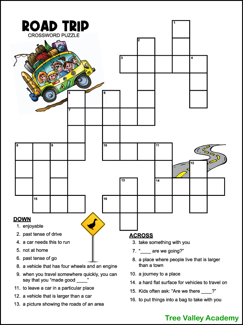 Easy Road Trip Crossword Puzzle For Kids - Tree Valley Academy intended for Simple Crossword Puzzles Printable