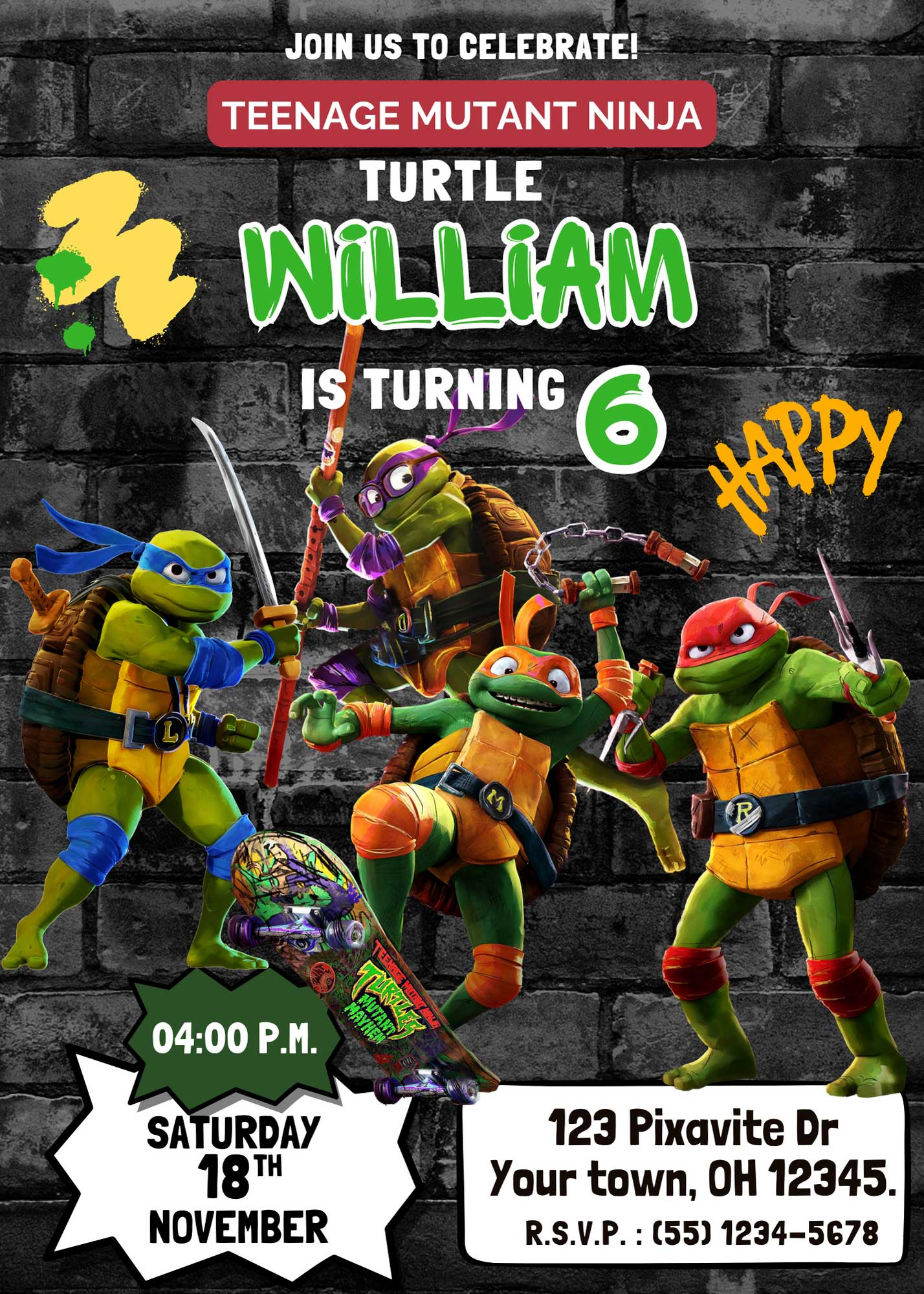 Editable Teenage Mutant Ninja Turtles Mutant Mayhem Birthday regarding Free Printable Tmnt Invitations