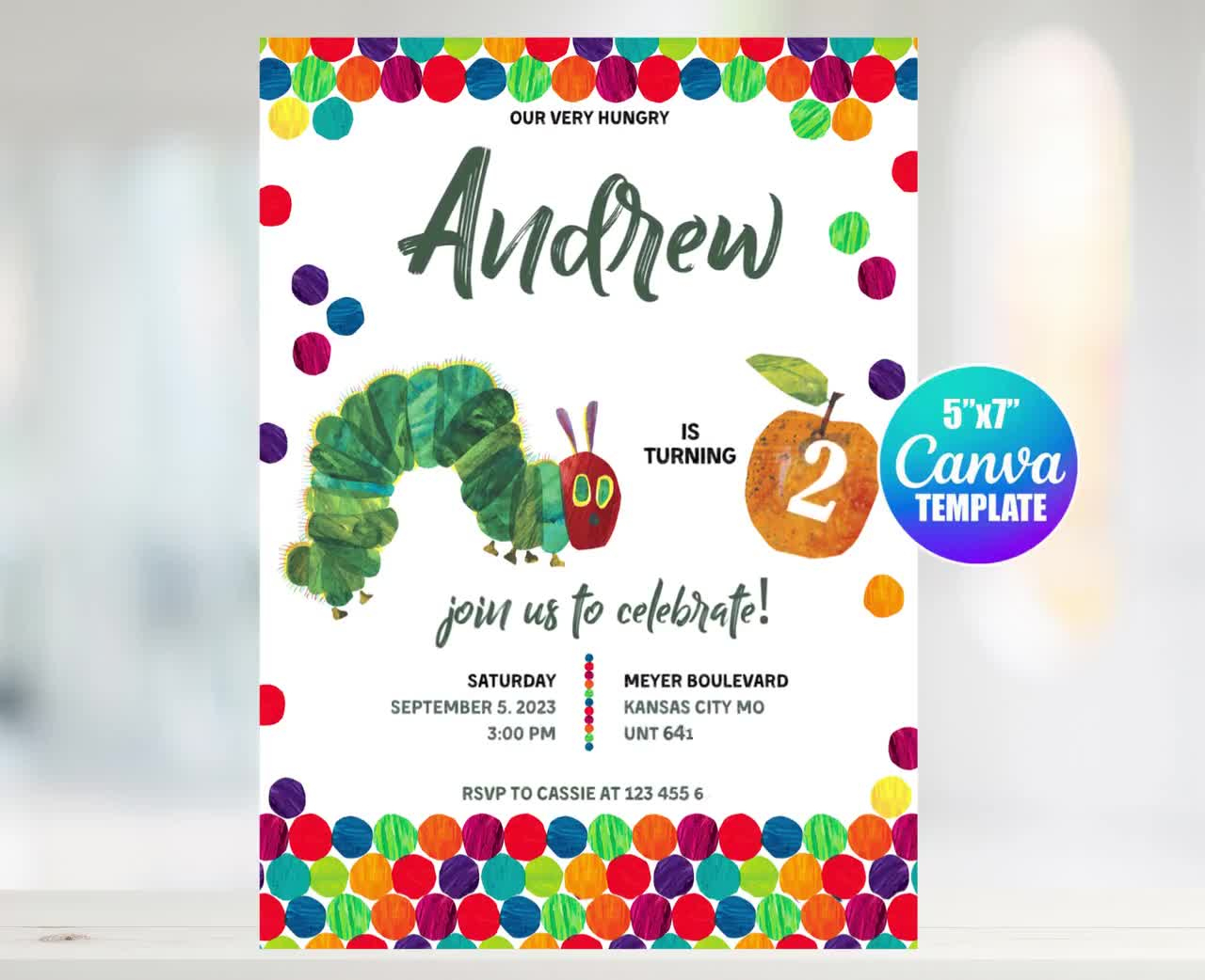 Editable The Very Hungry Caterpillar Birthday Invitation, Canva Template, Mobile Size, Label Tag &amp;quot;Thank You&amp;quot; in Free Printable Hungry Caterpillar Invitations