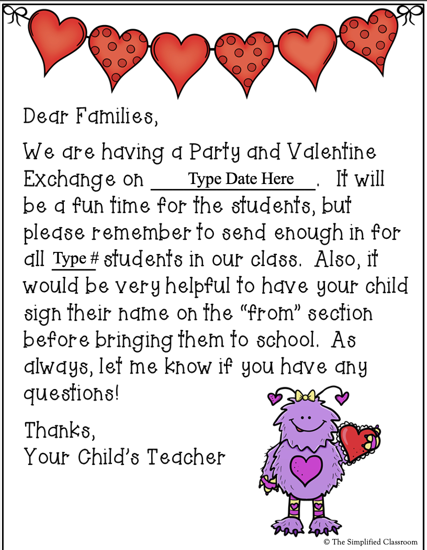 Editable Valentines Day Party Letter Home To Families And Parents For Exchange regarding Printable Classroom Party Letter To Parents Template