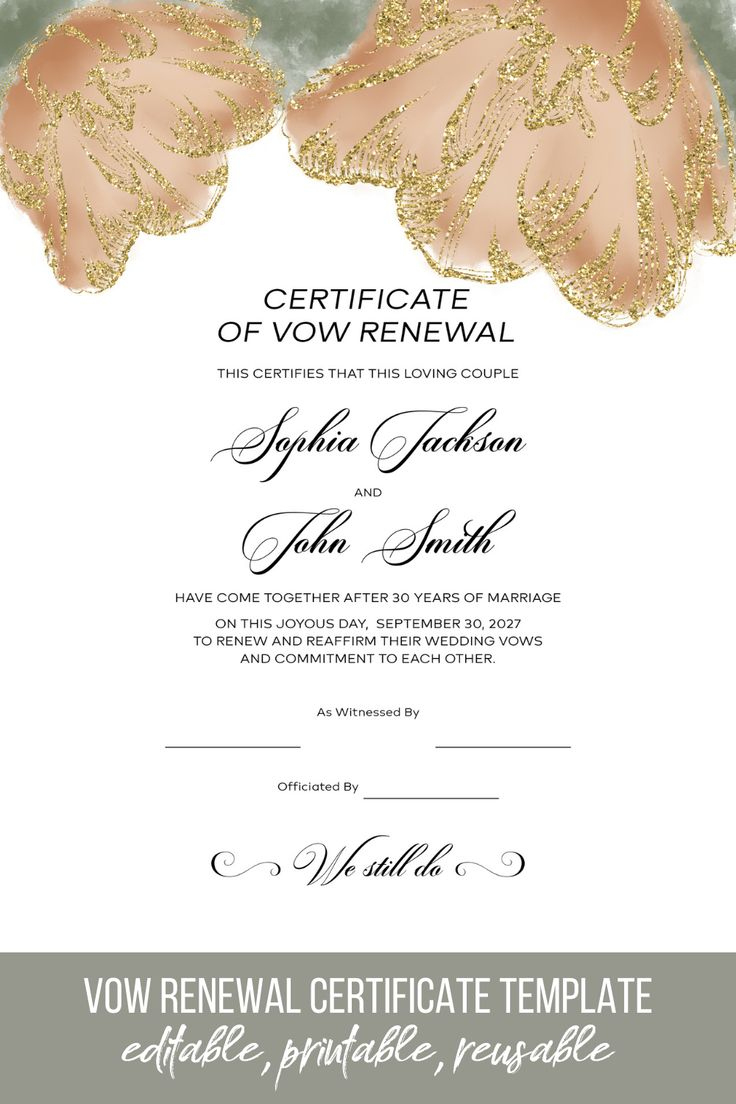 Editable Vow Renewal Certificate Template inside Free Printable Renewal Of Vows Certificate