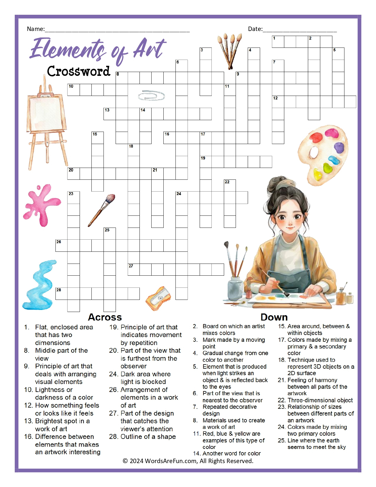 Elements Of Art Crossword Puzzle throughout Art Crossword Puzzle Printable
