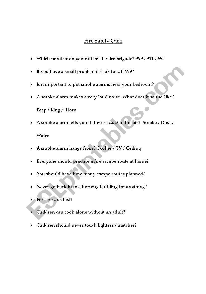 English Worksheets: Fire Safety Quiz intended for Printable Fire Safety Quiz