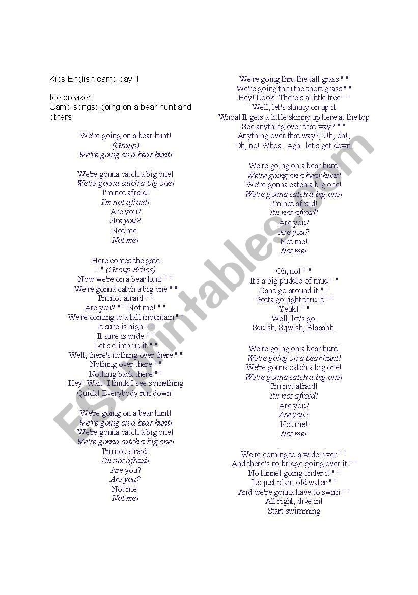 English Worksheets: Kids Camp Lesson- Going On A Bear Hunt- For intended for Going On A Bear Hunt Lyrics Printable
