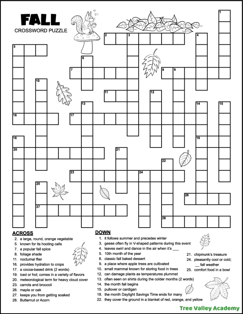 Fall Crossword Puzzle For Middle School - Tree Valley Academy throughout Crossword Puzzles Printable