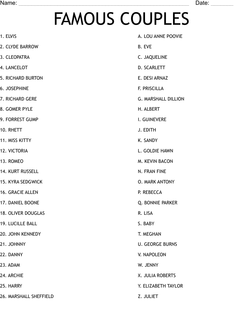 Famous Couples Worksheet - Wordmint with regard to Famous Couples Trivia Questions and Answers Printable