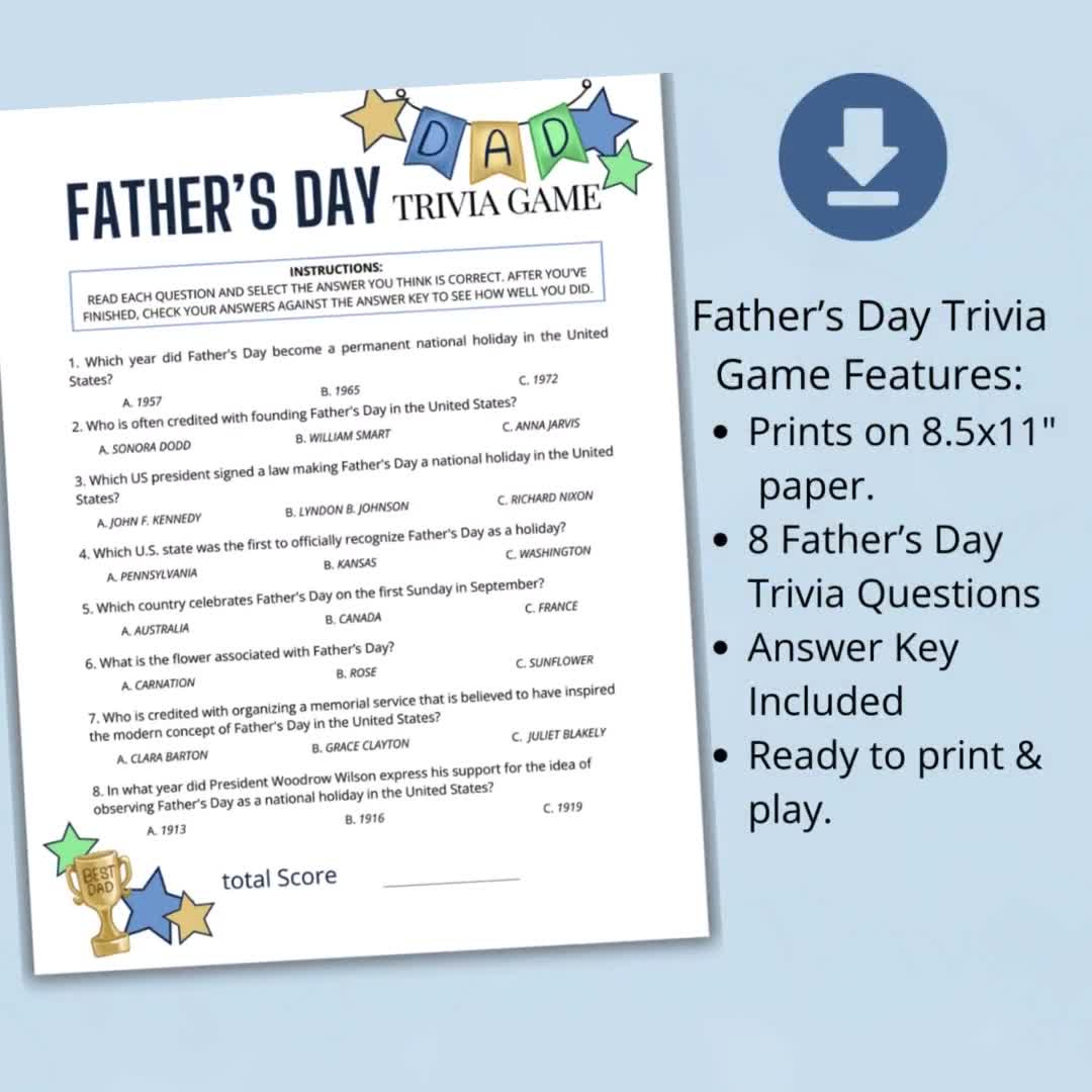 Father&amp;#039;S Day Trivia Game | Dad&amp;#039;S Day Printable | Quiz For Adults And Teens | Trivia Questions &amp;amp; Answer Key Included | Father&amp;#039;S Day Activity regarding Father&amp;amp;#039;s Day Trivia Questions and Answers Printable