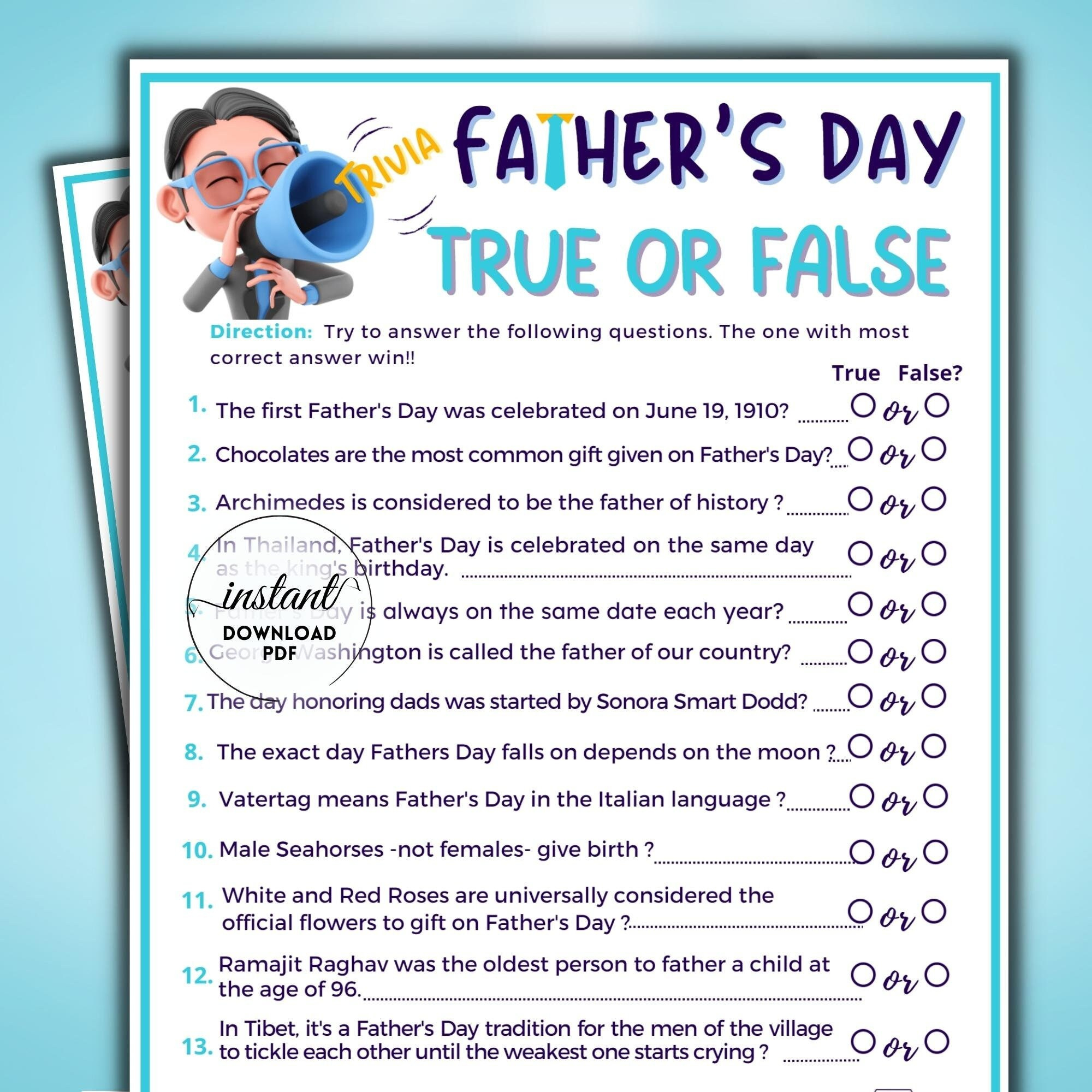 Father&amp;#039;S Day Trivia Game, True Or False Questionnaire Game regarding Father&amp;#039;S Day Trivia Questions And Answers Printable