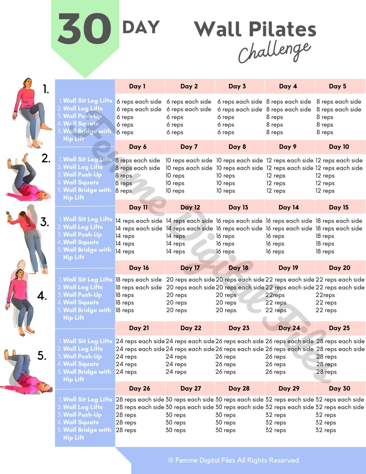 Femme Digital Files - 30-Day Wall Pilates Workout Challenge pertaining to Wall Pilates Challenge Free Printable