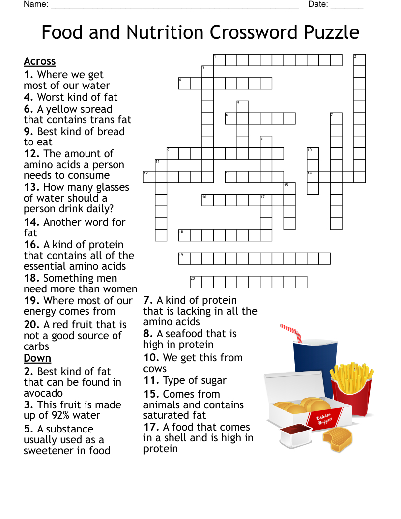 Food And Nutrition Crossword Puzzle - Wordmint intended for Food Crossword Printable