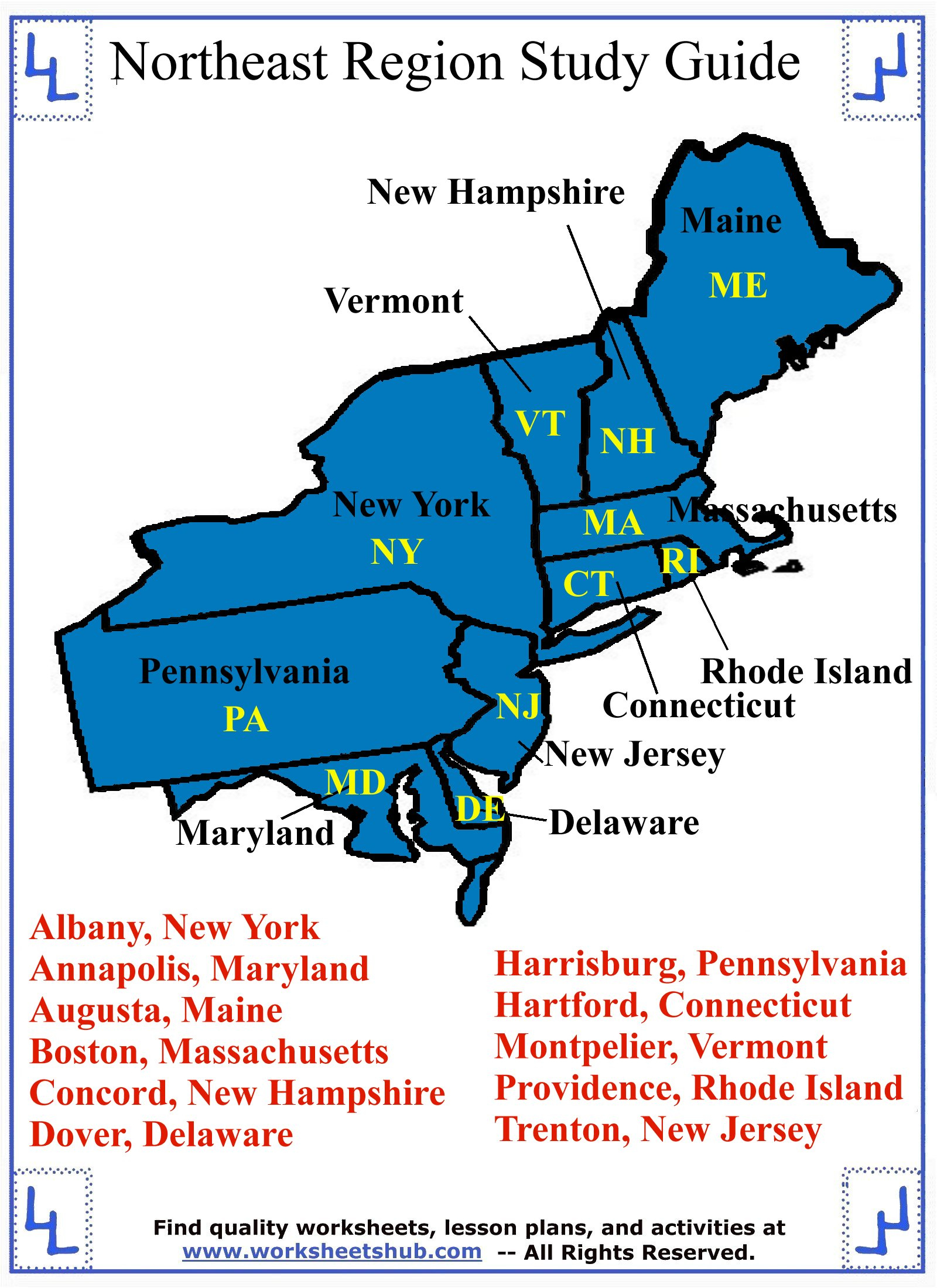 Fourth Grade Social Studies - Northeast Region States And Capitals with Northeast States and Capitals Quiz Free Printable