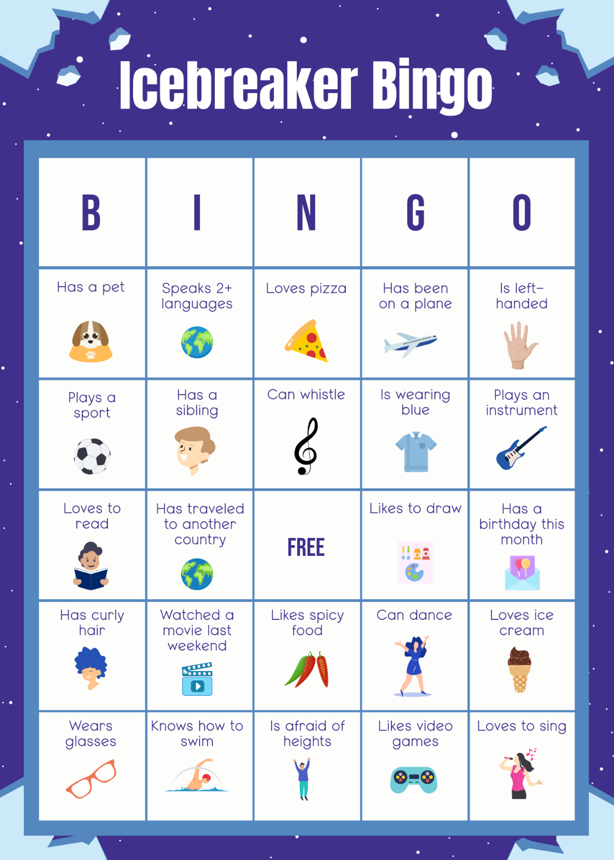 Free Blue And White Icebreaker Bingo Template To Edit Online inside Ice Breaker Bingo Card Generator