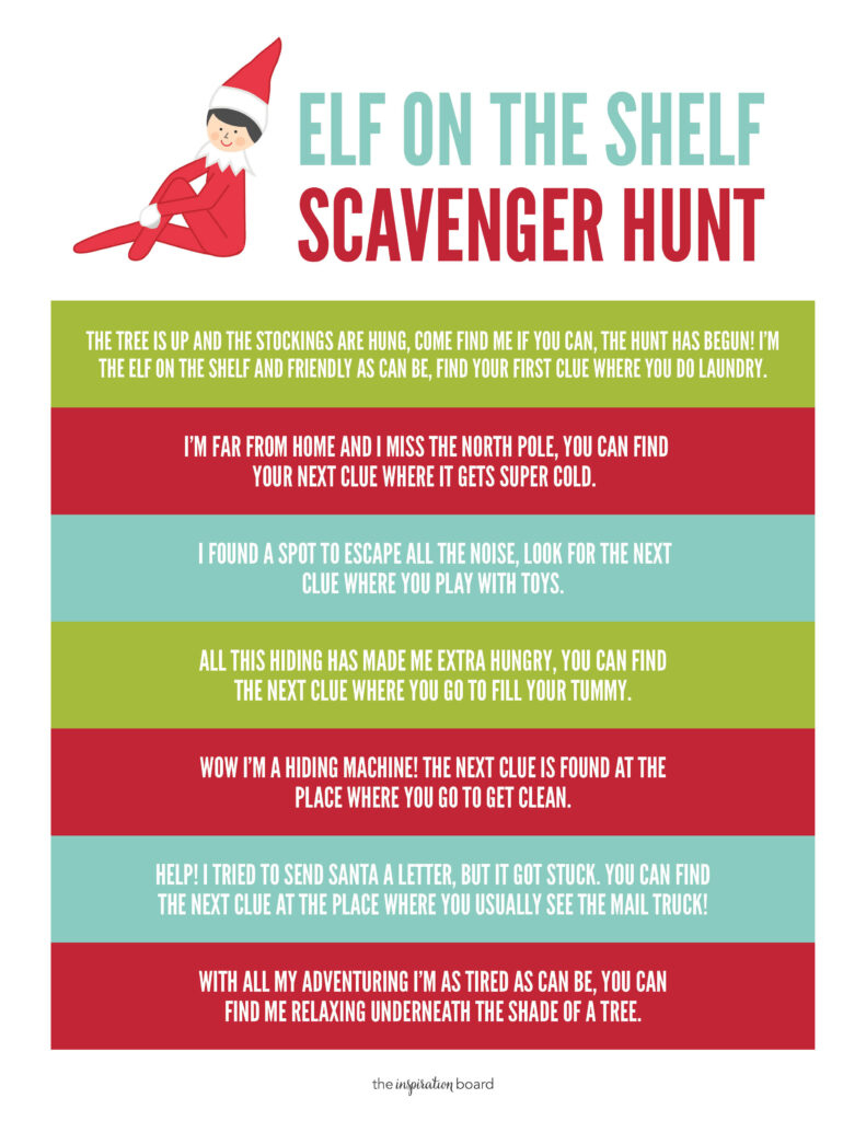 Free Elf On The Shelf Scavenger Hunt - The Inspiration Board regarding Free Printable Elf on the Shelf Scavenger Hunt