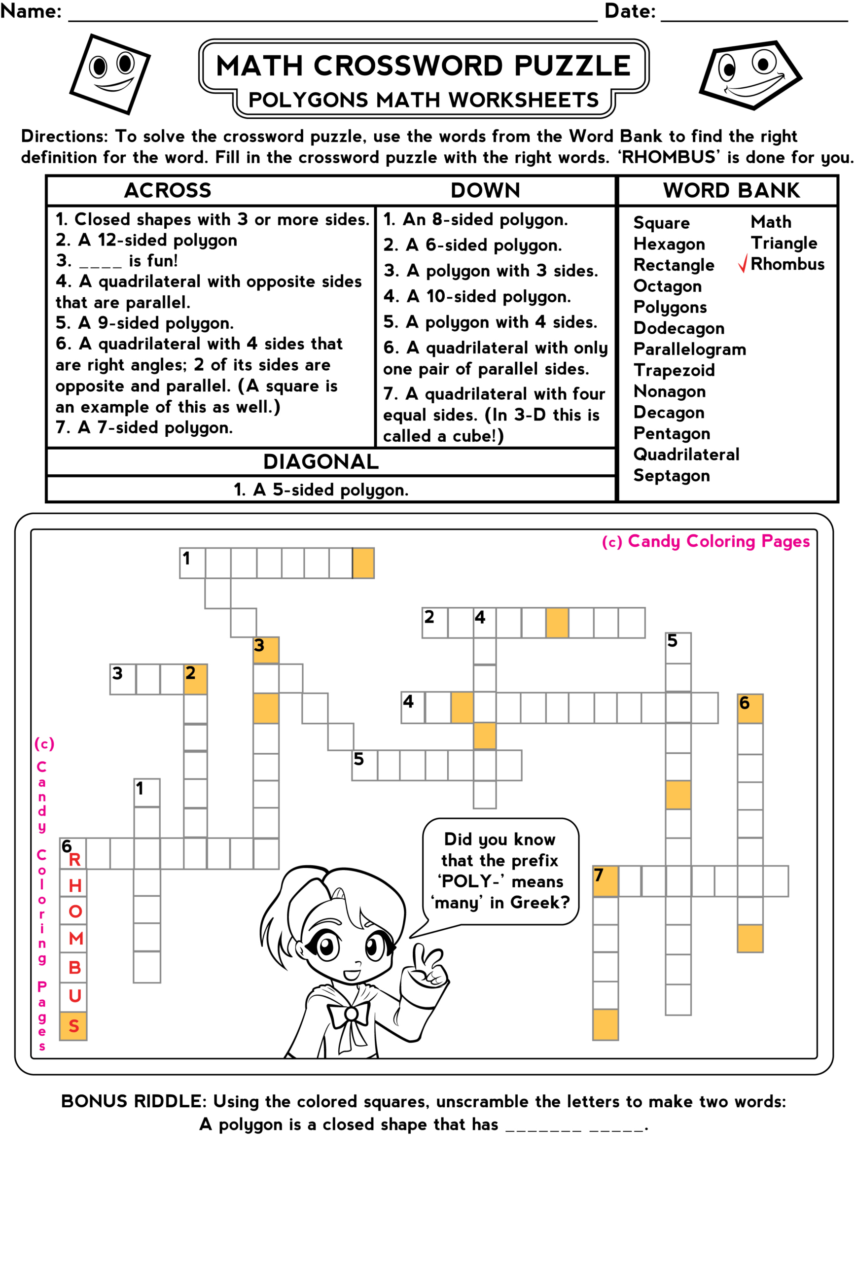 Free Math Games And Math Worksheets: Free Crossword Puzzles intended for Math Crossword Puzzles Free Printable