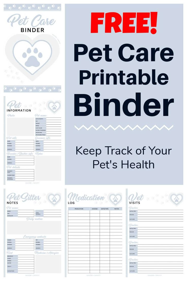 Free Pet Care Printable Binder Worksheets for Free Pet Binder Printables