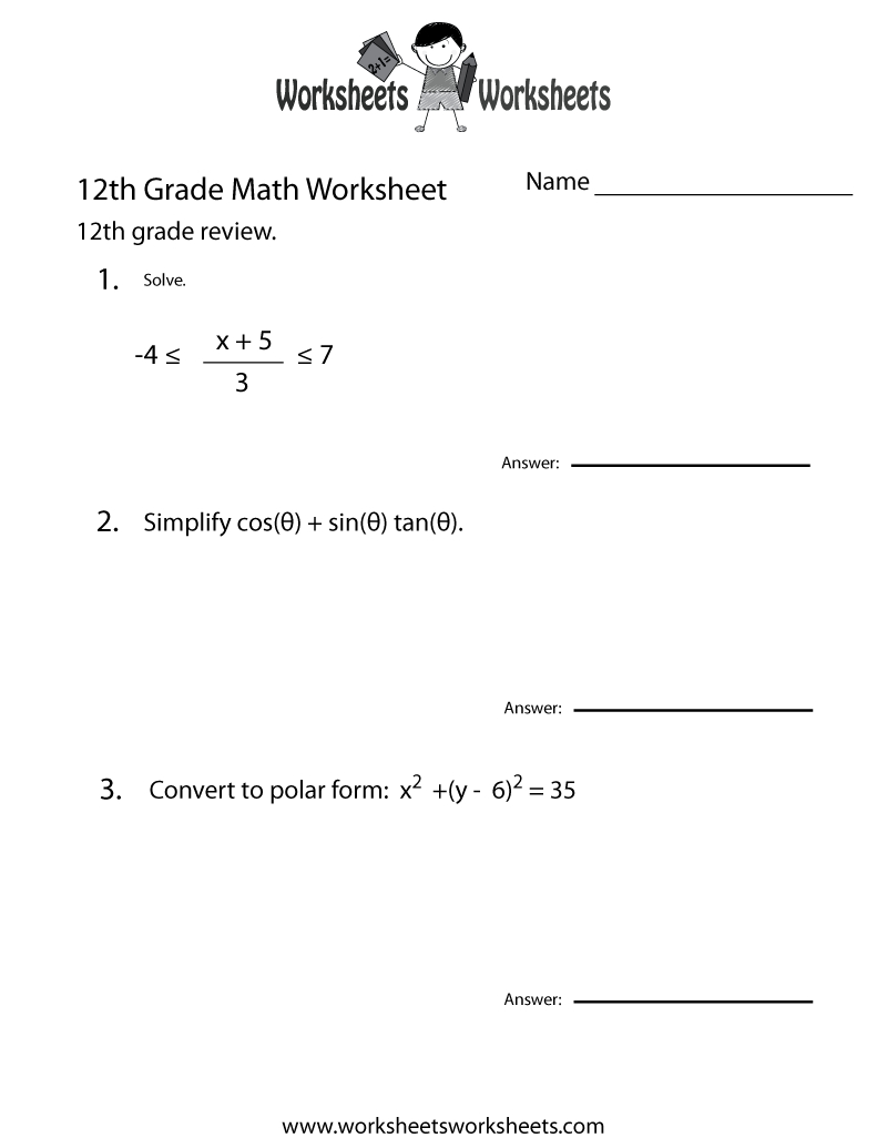 Free Printable 12Th Grade Math Review Worksheet within 12th Grade Free Printable Worksheet