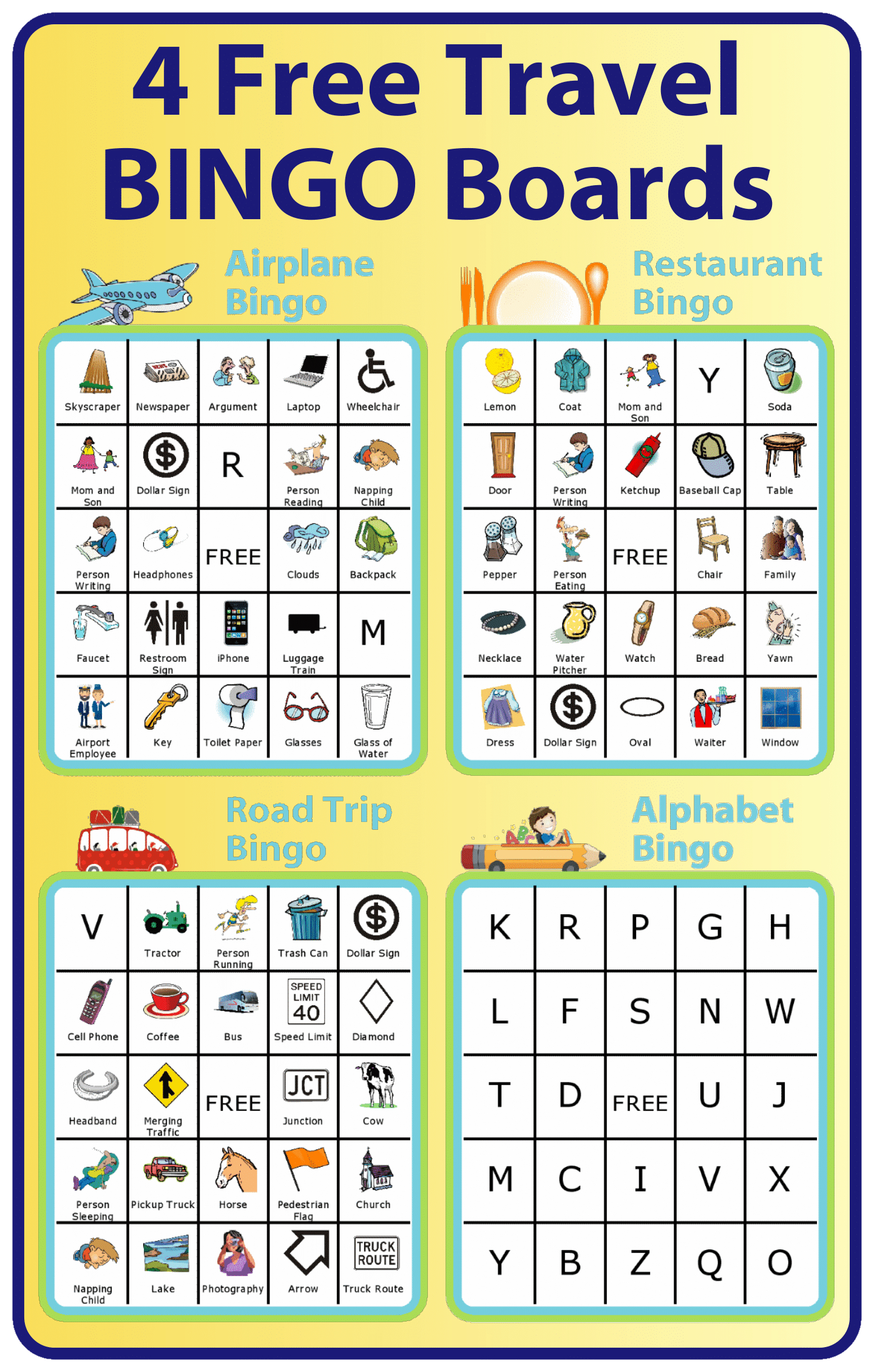 Free Printable: 4 Travel Bingo Boards inside Travel Bingo Cards Printable