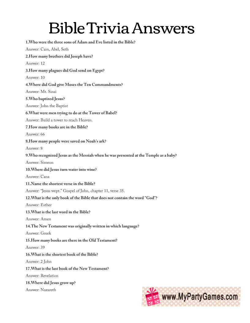 Free Printable Bible Trivia Quiz With Answer Key in Free Printable Bible Trivia Questions and Answers
