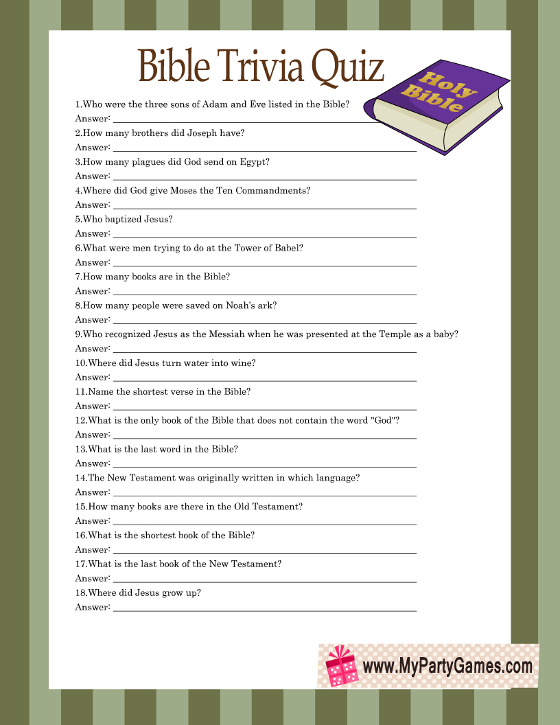 Free Printable Bible Trivia Quiz With Answer Key in Free Printable Bible Trivia Questions and Answers