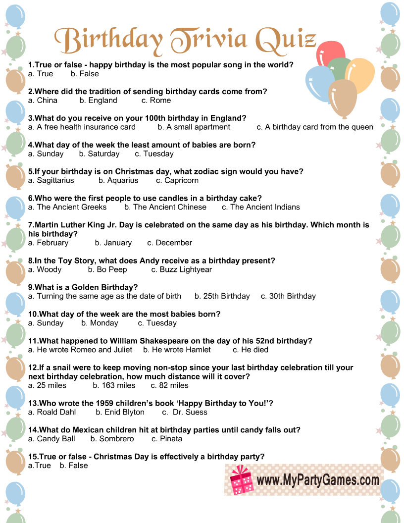 Free Printable Birthday Trivia Quiz With Answer Key in Free Printable Birthday Trivia Games