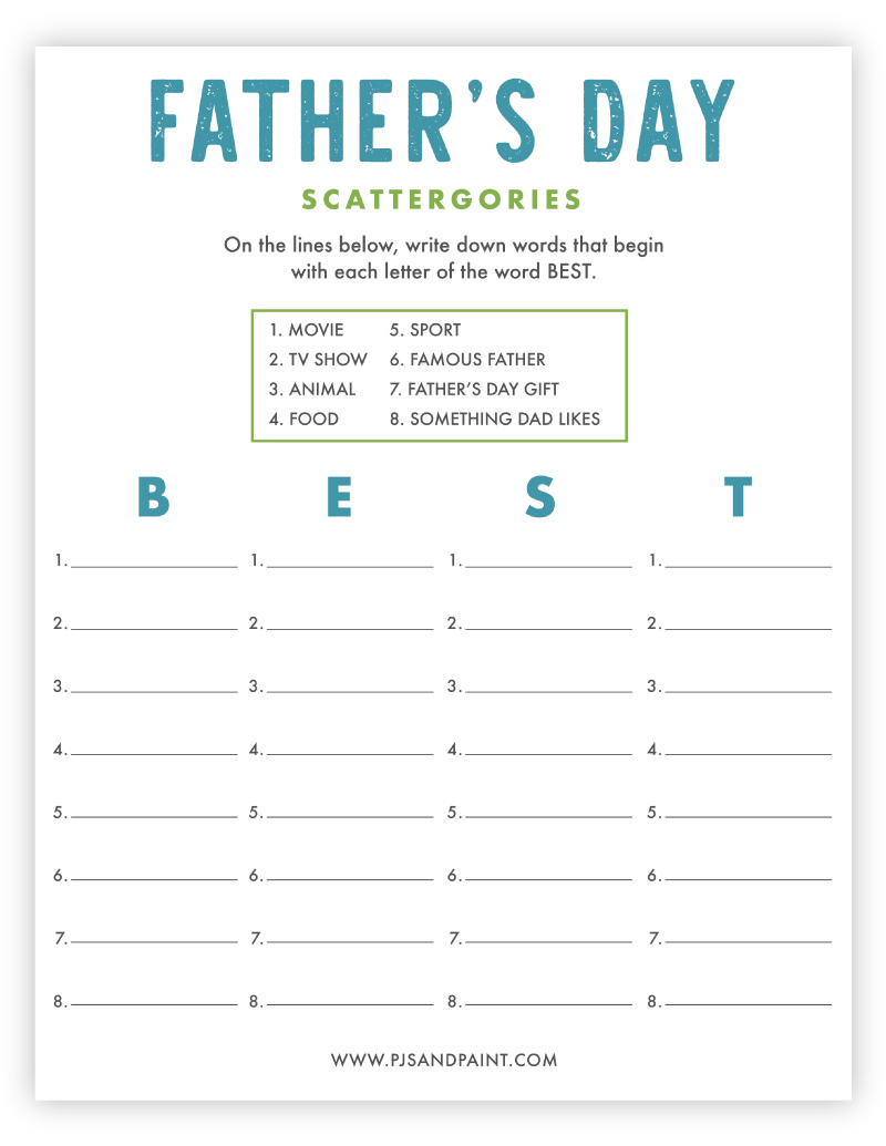 Free Printable Father&amp;#039;S Day Scattergories - Pjs And Paint with Father&amp;#039;S Day Games Printable