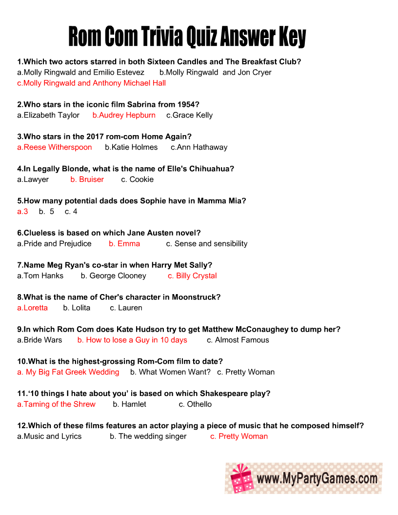 Free Printable Rom Com Trivia Quiz With Answer Key in Romantic Movie Quiz Questions and Answers Printable