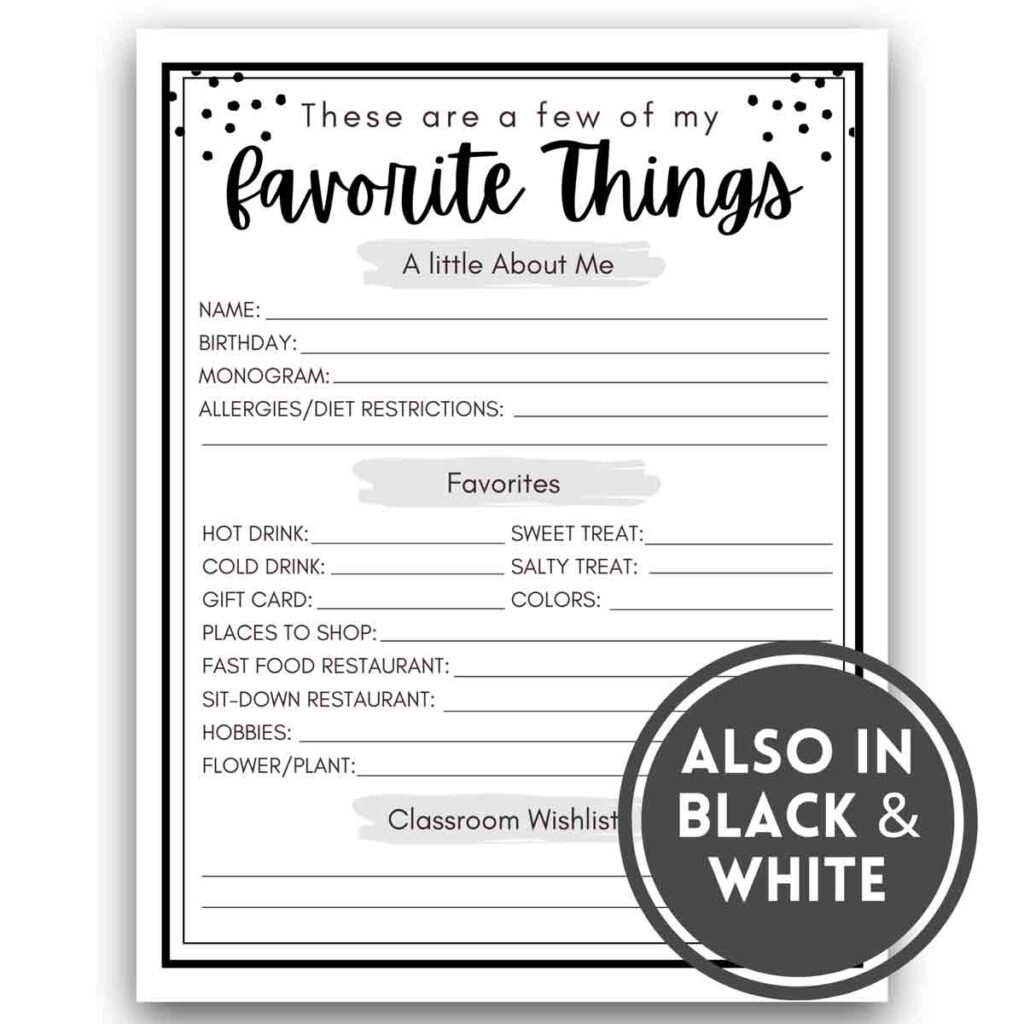 Free! Printable Teacher Favorite Things - Mindymakes with regard to Teacher Favorites Questionnaire Free Printable