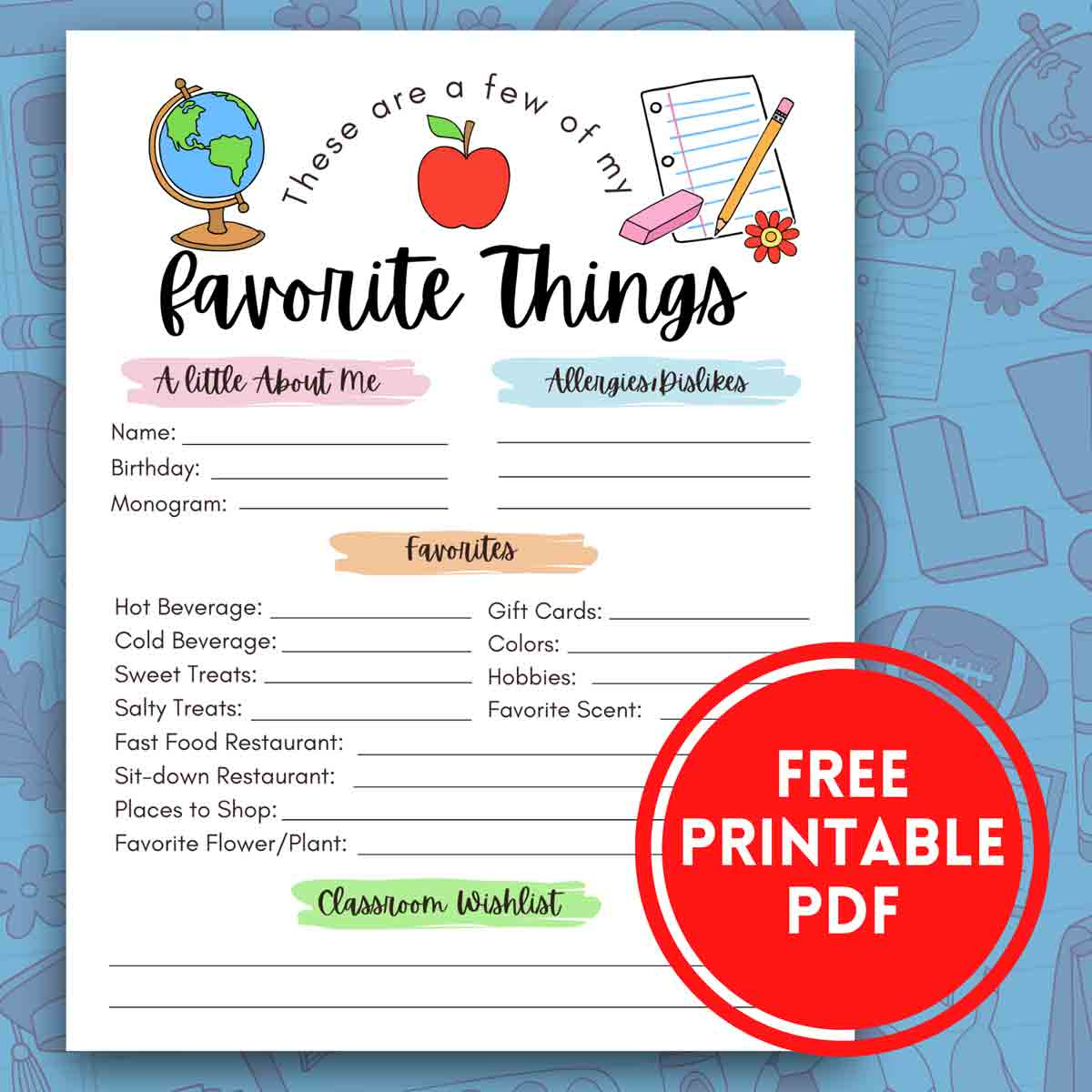 Free! Printable Teacher Favorite Things - Mindymakes with regard to Teacher Favorites Questionnaire Free Printable