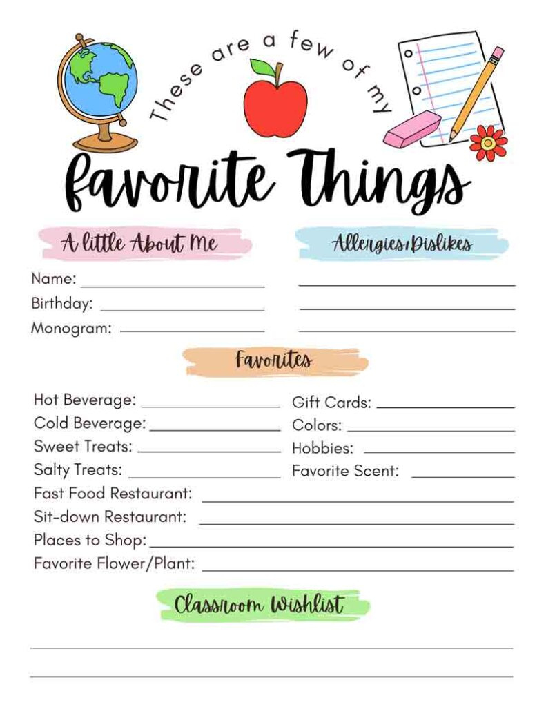 Free! Printable Teacher Favorite Things - Mindymakes within Teachers Favorite Things Free Printable