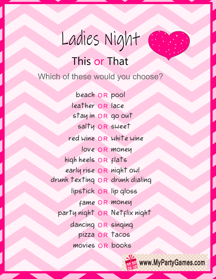 Free Printable This Or That, Ladies&amp;#039; Night Game within Ladies Night Printable Games