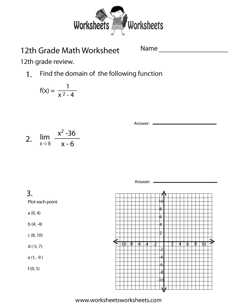 Free Printable Twelfth Grade Math Practice Worksheet intended for 12Th Grade Free Printable Worksheet