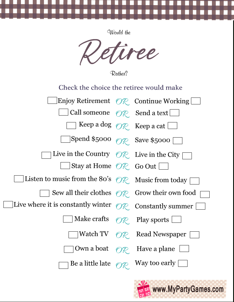 Free Printable Would The Retiree Rather? Retirement Game in Free Printable Retirement Party Games