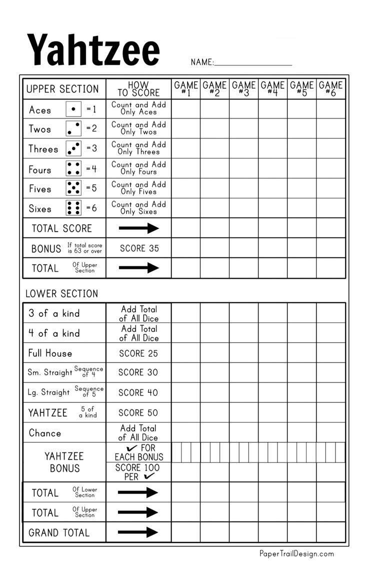 Free Printable Yahtzee Score Card | Paper Trail Design pertaining to Yard Yahtzee Score Card Free Printable