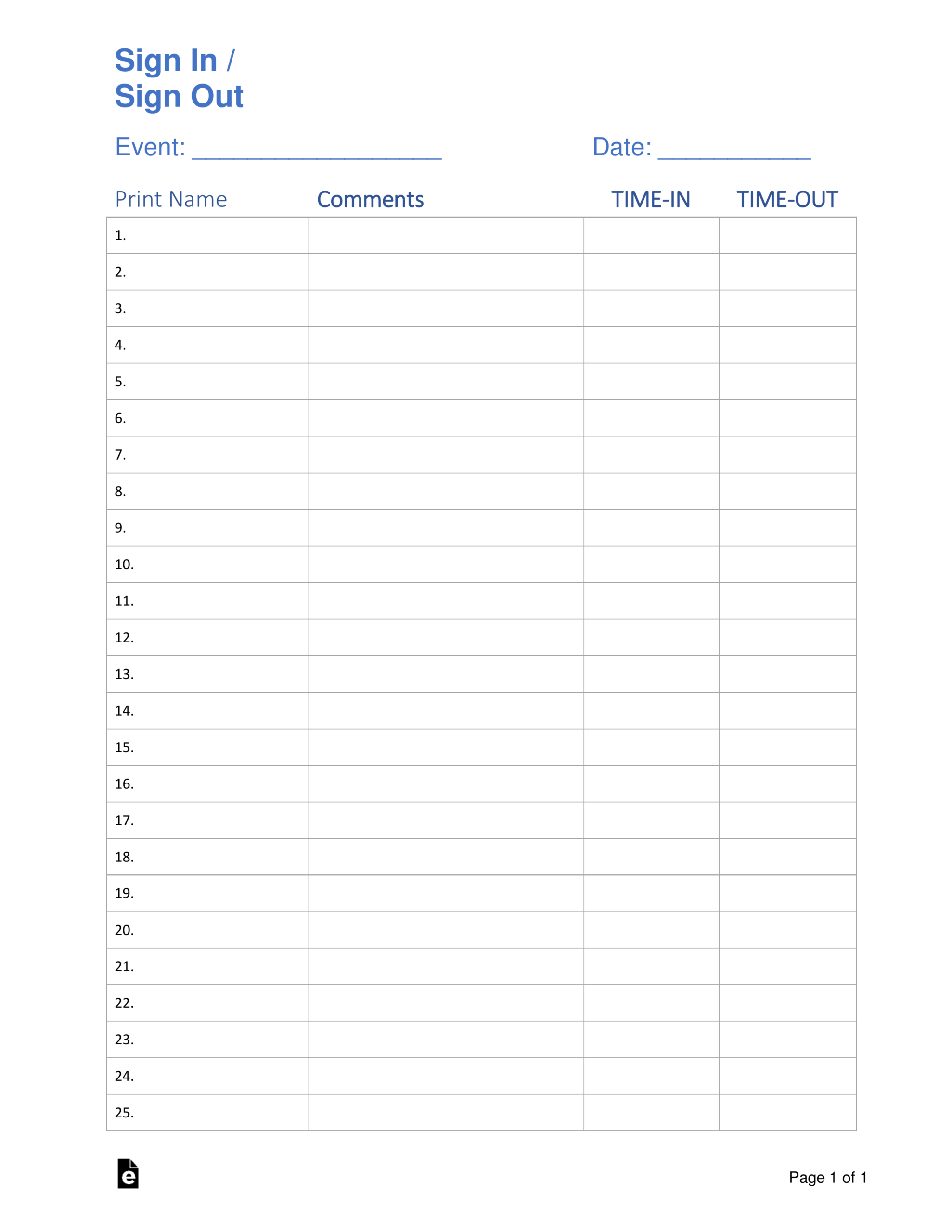 Free Sign In / Sign Up Sheet Templates - Pdf | Word – Eforms within Free Printable Sign in Sheet Template