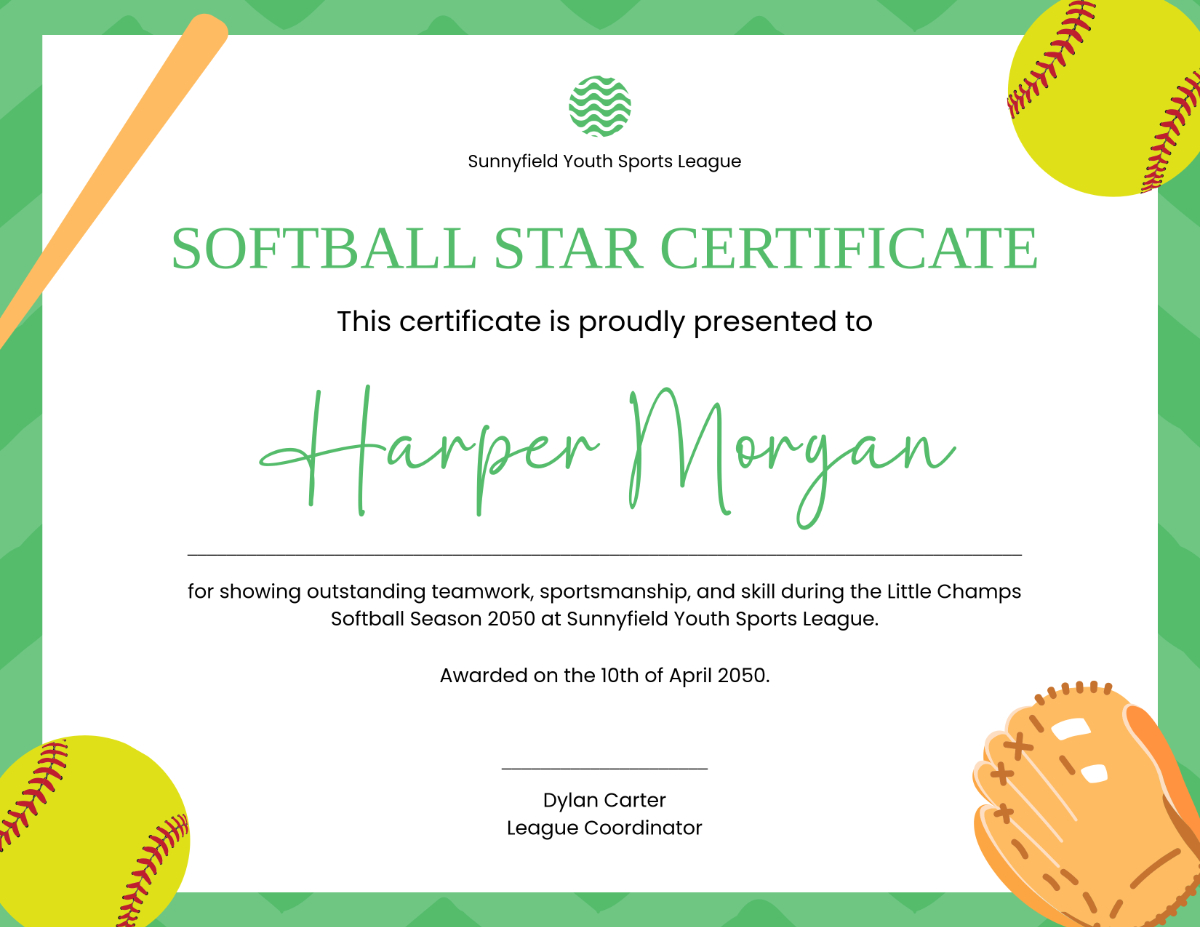 Free Softball Certificate For Kids Template To Edit Online with Free Printable Softball Certificate Template Free
