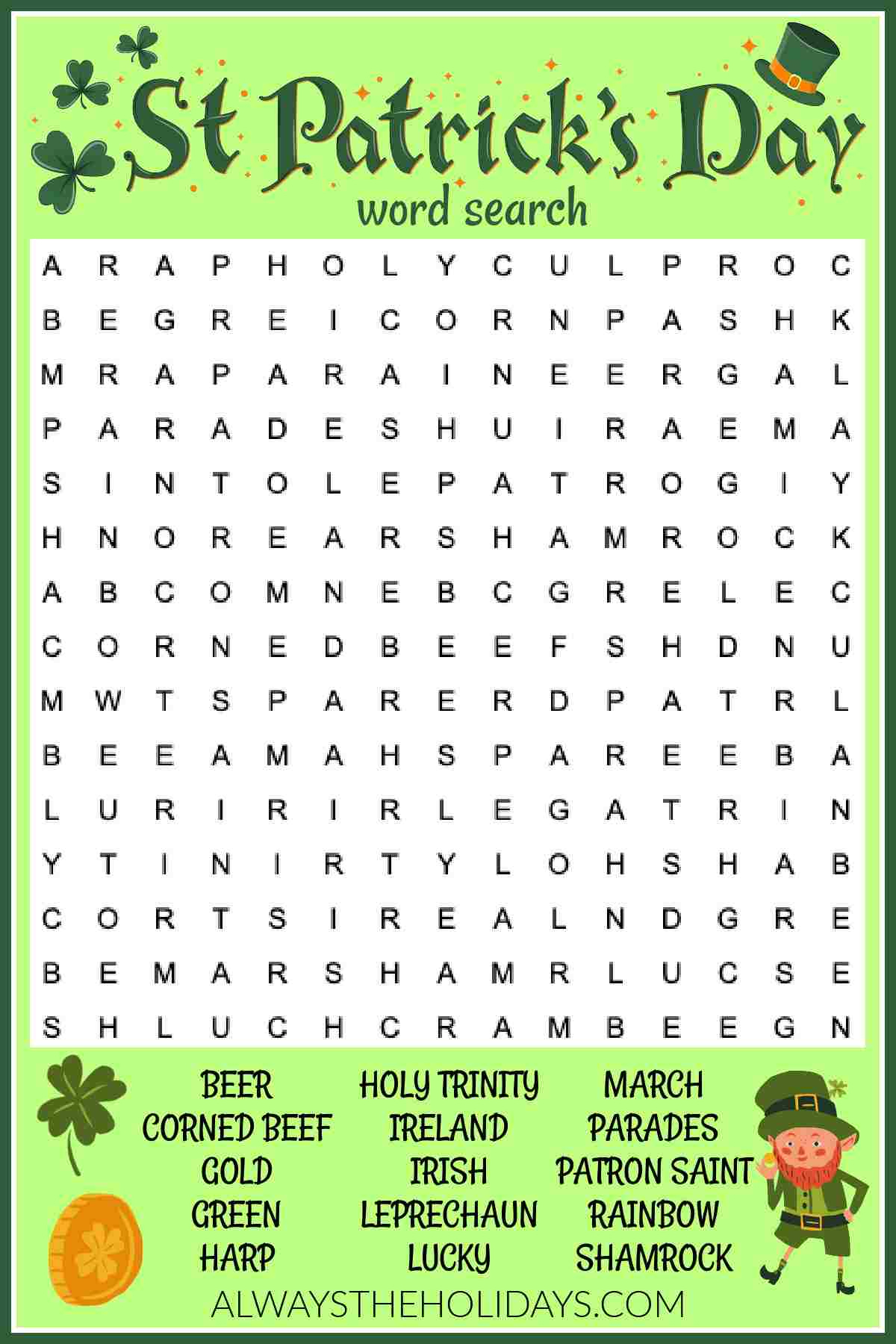 Free St. Patrick&amp;#039;S Day Word Search Printable - Answers Included within Free Printable St Patrick&amp;#039;S Day Word Search